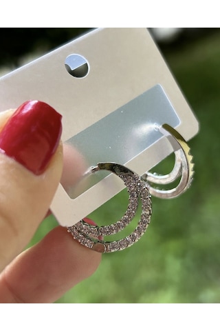 Gümüş Rengi Kristal Taşlı Kadın Çelik Halka Küpe