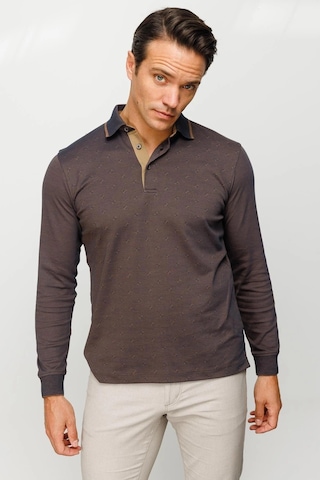 Desen Triko Erkek Polo Yaka Kare Desenli Uzun Kollu Sweatshirt Kahve Kahve