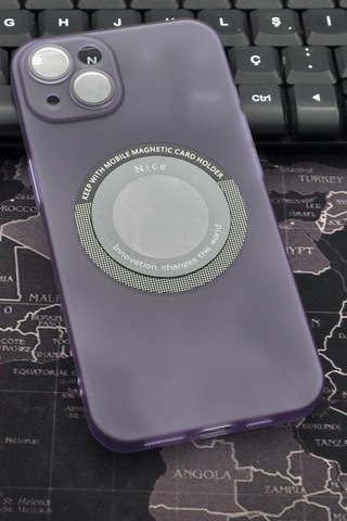 Apple Uyumlu iPhone 13 Uyumlu Mor Renkli Yarı Şeffaf İnce Sert Kapak Kılıf Kamera Lens Korumalı Mor -