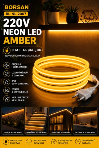 Amber 5 Metre Tak Çalıştır Yüksek Performanslı Borsan 220v Neon Led Amber Montaj Aparatı Dahil 5 Metre Amber
