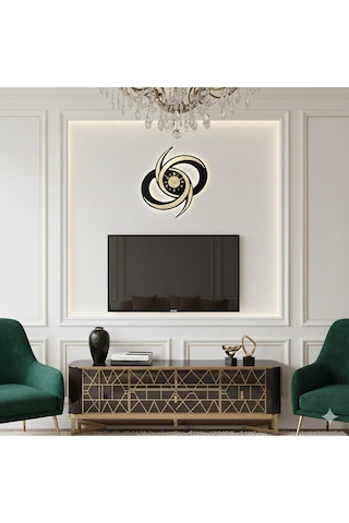 Zerafet Modern Ahşap Üzeri Pleksi Detaylı Duvar Saati Dekorasyon 60 Cm Siyah Gold Çok Renkli
