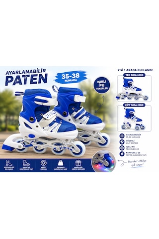 Ayarlanabilir Çocuk Pateni 35-38 Numara 2 Si 1 Arada Inline & Çift Teker Modu Işıklı Pu Tekerlek Mavi