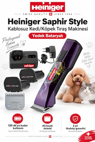 Heiniger Saphir Style Mor Kablosuz Kedi Köpek Tıraş Makinesi - Yedek Bataryalı
