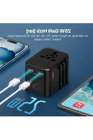 25w Gan Hızlı Şarjlı Universal Seyahat Adaptörü, 2x Usb-c + 1x Usb-a