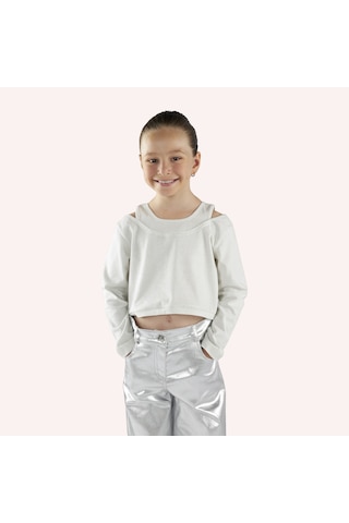 Panço Kız Çocuk Kolları Pencere Detaylı T-shirt Ekru 2421gk05017-4844 001