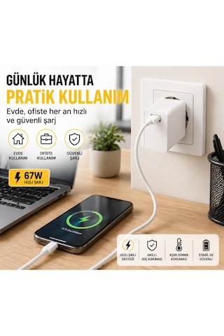 67w Hızlı Şarj Adaptörü Usb Çıkışlı Kablo Dahil Type-c Uyumlu Hızlı Şarj Cihazı Güvenli Şarj Başlığı Beyaz
