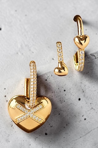 Sertifikalı 316l Çelik Premium Gold Kaplama Zirkon Taşlı X Ve Kalp Motifli Üçlü Asimetrik Kadın Küpe Altın