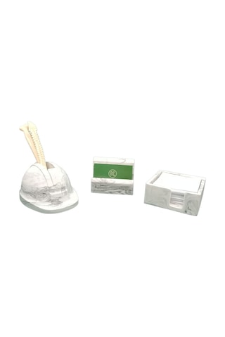 3 Parça Mermer Desenli Beton Ofis Seti Baret Şeklinde Kalemlik Kartlık Notluk Gri