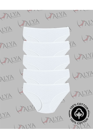 Alya Underwear %100 Pamuklu Kadın Külot Normal Bel Yükseklikli Jakarlı Kalp Desenli Kumaş Slip Beyaz
