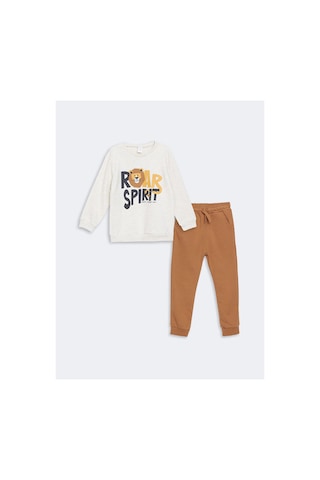 LC Waikiki Lw - Bisiklet Yaka Baskılı Erkek Bebek Sweatshirt Ve Eşofman Alt 2'li Kırık Beyaz Melanj