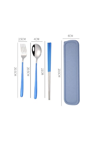Sones 3 Adet / Set Taşınabilir Paslanmaz Çelik Sofra Takımı Yaratıcı Set Çubuk Kaşık Çatal Hediye, Renk: Mavi