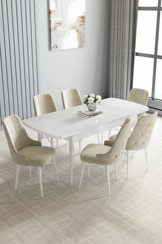 Zümra Serisi, Beyaz 80x132 Açılabilir Mdf Mutfak Masası Takımı 6 Adet Sandalye, Krem