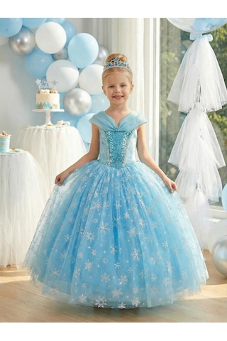 Butikhappykids Kız Çocuk Kostüm Mavi Elsa Frozen Düşük Omuz Detaylı Kasnaklı Kabarık Elsa Kostüm 3-8 Yaş Taç Hediyeli Mavi