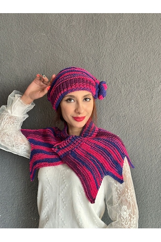 Gönülden Tasarım El Örgüsü Kadın Çiçekli Bere Boyunluk Takım Set Pembe