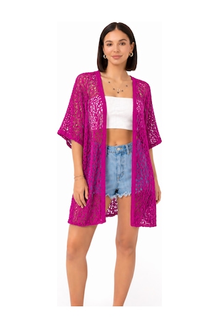 Trend Alisse Kadın Dantel Görünümlü File Kimono Pareo Hırka Fuşya