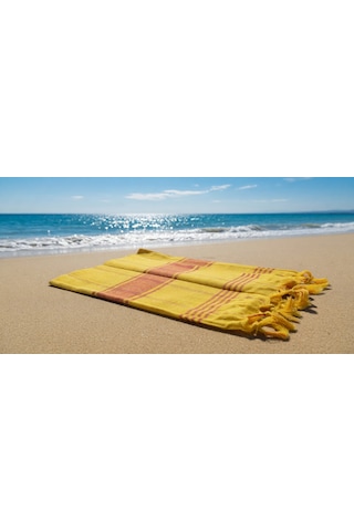Ludıa Otantik Püsküllü %100 Pamuklu Büyük Boy Sarı Kırmızı Çizgili Peştemal Havlu 78x195 Cm Sarı - Kırmızı