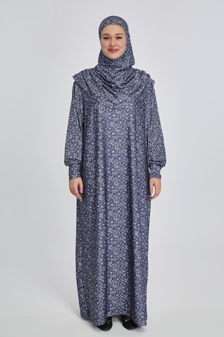 Pratik Tek Parça Çiçek Desenli Namaz Elbisesi Lacivert
