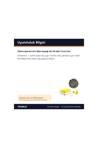 Trobus Sökme Aparatlı Sivri Bijon Kapağı Seti 20 Adet 19 Mm Sarı