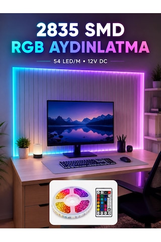 5m Rgb Şerit Led Seti 12v 2835 Smd Kumandalı Ev Oda Ve Dekoratif Ambiyans Aydınlatma