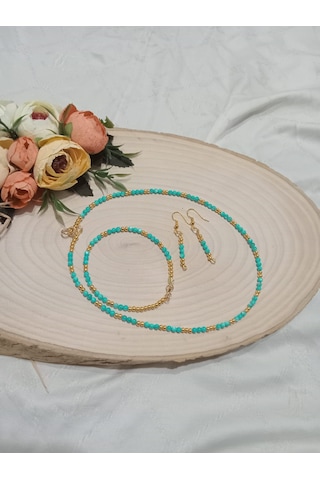 Mavi Sedef Kolye, Bileklik Ve Küpe Takı Seti Mavi