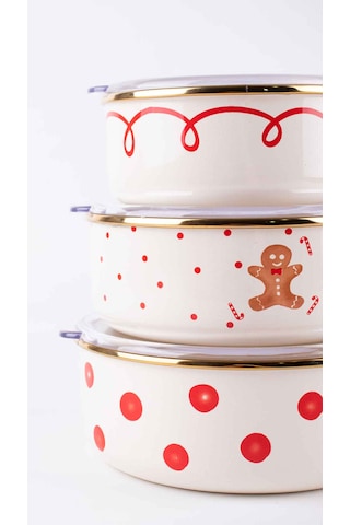 Merry Yılbaşı Özel Emaye Üçlü Saklama Kabı Seti Krem