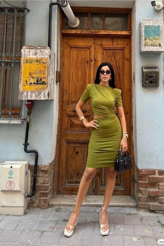 Veraura Lifestyle Kadın Krep Kumaş Bisiklet Yaka Büzgülü Kısa Kollu Elbise Yeşil