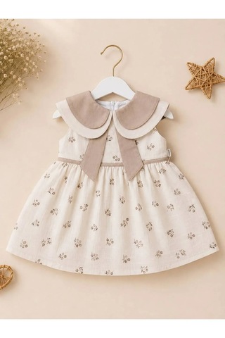 Ferasty İstanbul Kız Bebek Elbise Çıtır Çiçekli Bebe Yaka Bej
