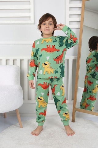 Erkek Çocuk Dino Desenli Uzun Kollu Pijama Takımı-910 Yeşil