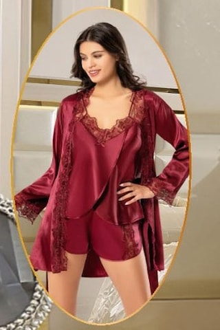 Xses 2165 Kadın Saten Empirme Sabahlıklı 4'lü Pijama Takım-bordo Bordo