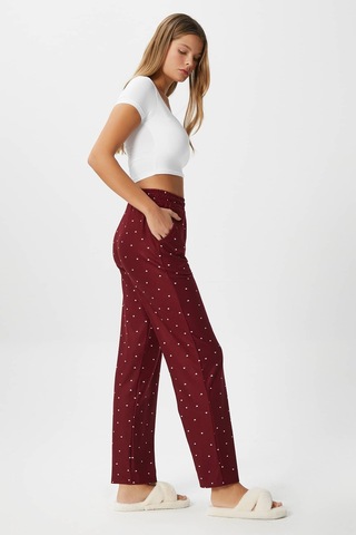 Ritnice Kadın Teddi Ultra Yumuşak Cepli Bordo Kalp Desen Yılbaşı Pijama Altı Çok Renkli