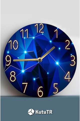 Mavi Geometrik Taş Desenli 3d Görünümlü Mdf Duvar Saati Modern & Işıltılı Tasarım Sdw304 Renkli