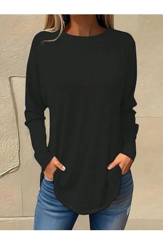 Reka Moda Kadın Uzun Kollu Yuvarlak Yaka Salaş Iki Iplik Bluz Siyah