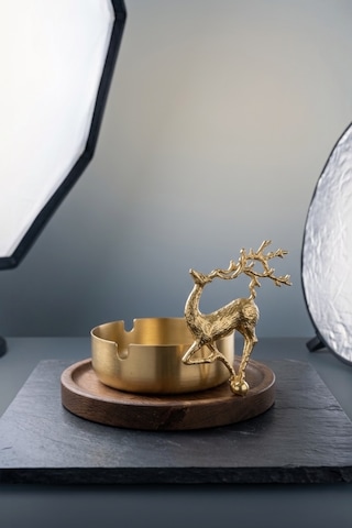 Küllük Metal Kül Tablası Doğal Ahşap Standlı Dekoratif Küllük Çeyizlik Hediyelik - Lüks Geyik Gold