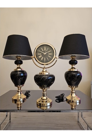 Gold Metal Detaylı Siyah Abajur Ve Saat Set Diğer