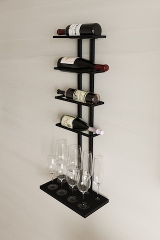 Aju Şaraplık Ve Kadeh Rafı Duvara Monte Şarap Mahseni Modern Duvar Alkol Rafı Metal Ve Ahşap Tasarım Siyah