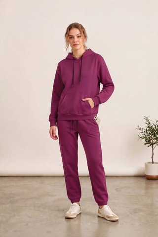 Moibody Kadın 3 İplik Şardonlu Eşofman Takımı Premium Kapüşonlu Sweatshirt Ve Jogger Alt Mürdüm Mürdüm