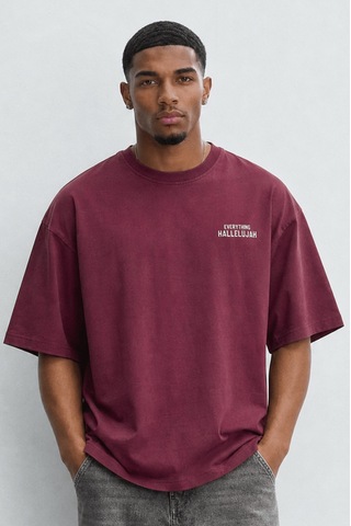Respire Erkek Hallelujah Baskılı Oversize T-shirt Bordo