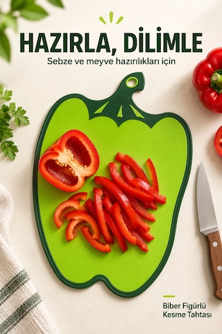 Biber Figürlü Kaydırmaz Kesme Tahtası 26x34,5 Cm Asılabilir Plastik Sebze Meyve Doğrama Panosu Yeşil