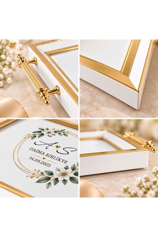 Bk Gift Kişiye Özel Beyaz&gold Söz Nişan Tepsisi-7 - 39x23 Cm Çok Renkli