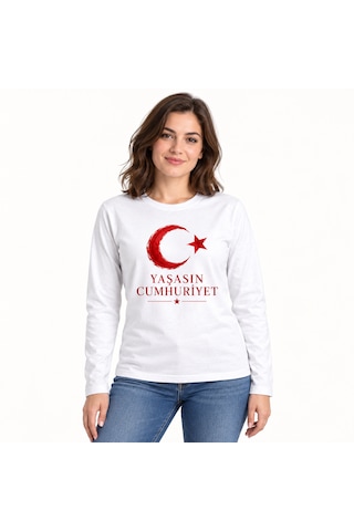 Almeracraft 29 Ekim Cumhuriyet Bayramı Ay Yıldız Baskılı Beyaz Uzun Kollu Tişört Yaşasın Cumhuriyet
