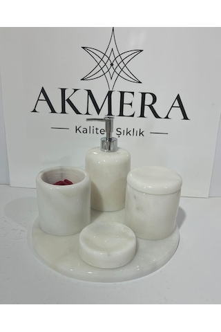 Akmera Elite 5 Parça %100 Gerçek Mermer Banyo Seti Altın - Beyaz