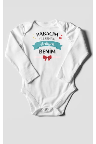 Morivokids Babacım Bu Seneki Hediyen Benim Uzun Kollu Bebek Body %100 Pamuk Beyaz
