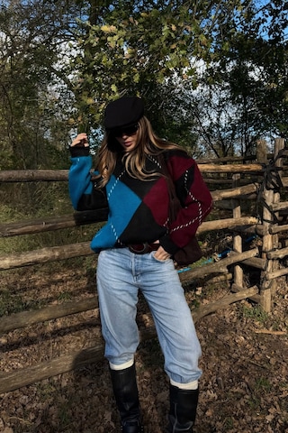 Mavi - Bordo Baklavalı Kazak - 7183 Mavi - Bordo