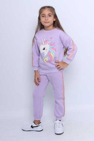Kız Çocuk 3 İplik Eşofman Takımı Unicorn Baskılı Şeritli C25 LİLA