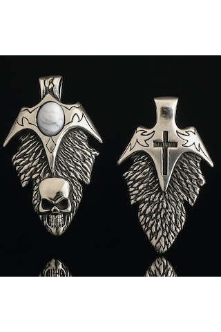 Turkuaz Taşlı Paslanmaz Çelik Gotik Kafatası Ve Haç Kolye Gümüş