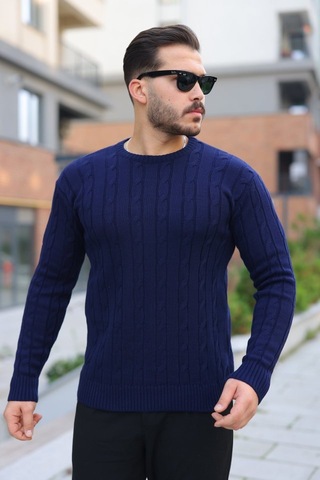 Erkek Örgü Desen Bisiklet Yaka Kazak Lacivert