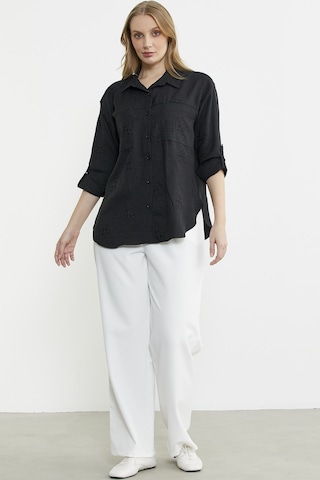 Çiçek Nakış Detaylı Cepli Gömlek - Siyah Siyah