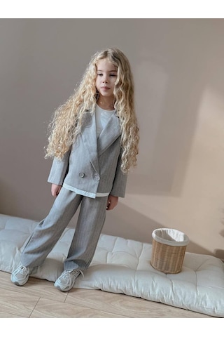 Miniko Kids Kız Çocuk Poliviskon Çizgili Blazer Ceket Pantolon Dokuma Kumaş Takım Gri