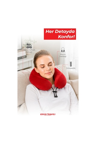 Viscofoam Comfy Ortopedik Seyahat Yastığı Visco Boyun Destekli Seyahat Yastığı - Kırmızı | Ergo Travel