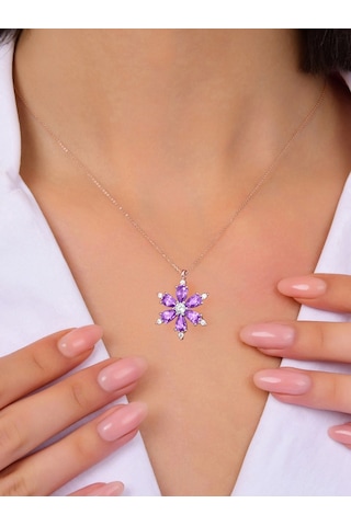 Brezza Lusso Jewelry 925 Ayar Lotus Çiçeği Ametist Taşlı Rose Gold Kadın Gümüş Kolye 40772719 42 CM 42 CM